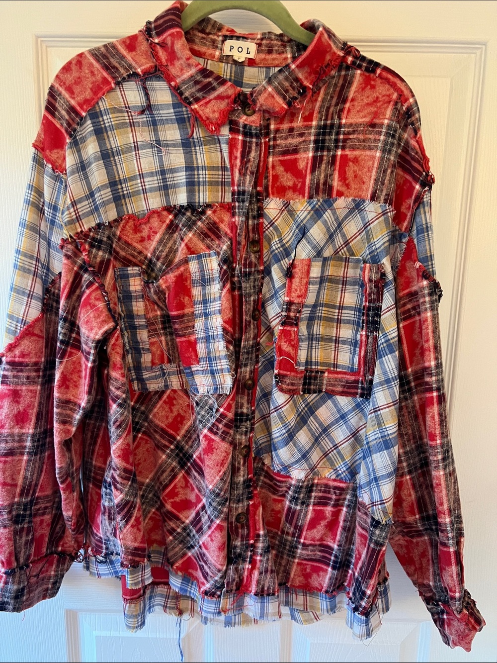 POL Red and Blue Patchwork Plaid Button-Front Shirt
